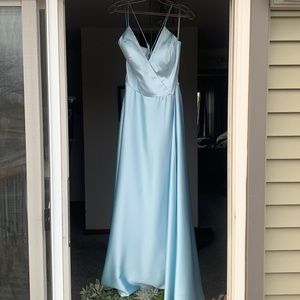 Prombay Blue Satin Lace Up Back Prom Dress With Slit